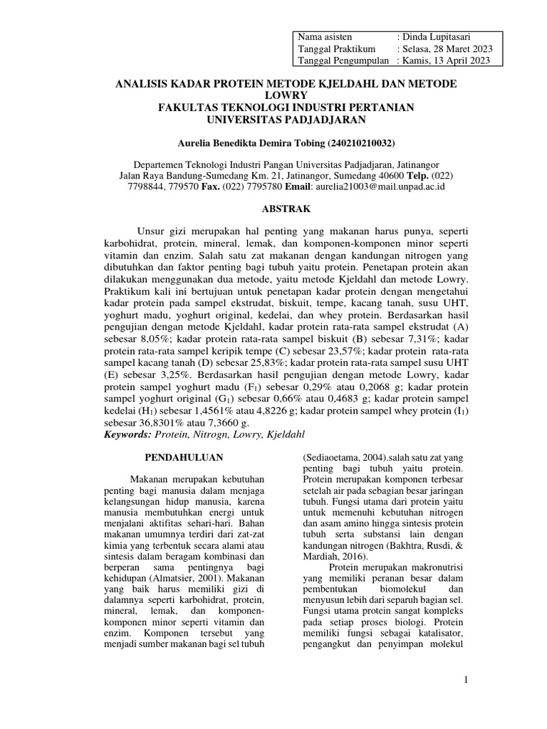 Analisis Kadar Protein Metode Kjeldahl Dan Metode Lowry PDF