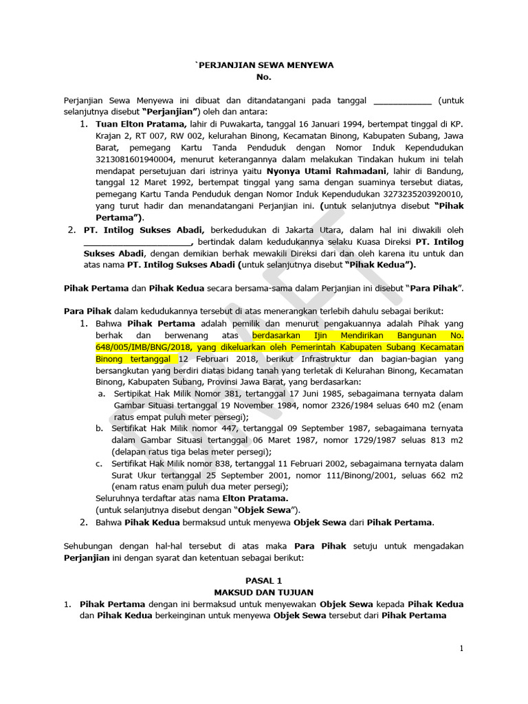 Perjanjian Sewa Menyewa (1) Final | PDF