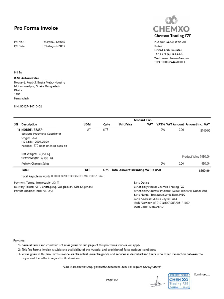 Pro Forma Invoice Chemxo Trading FZE PDF