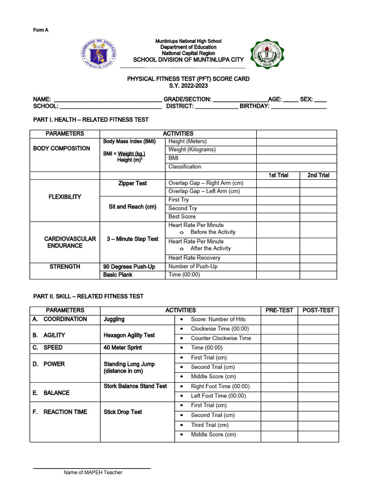 Physical Fitness Test Score Card Download Free PDF Physical Fitness