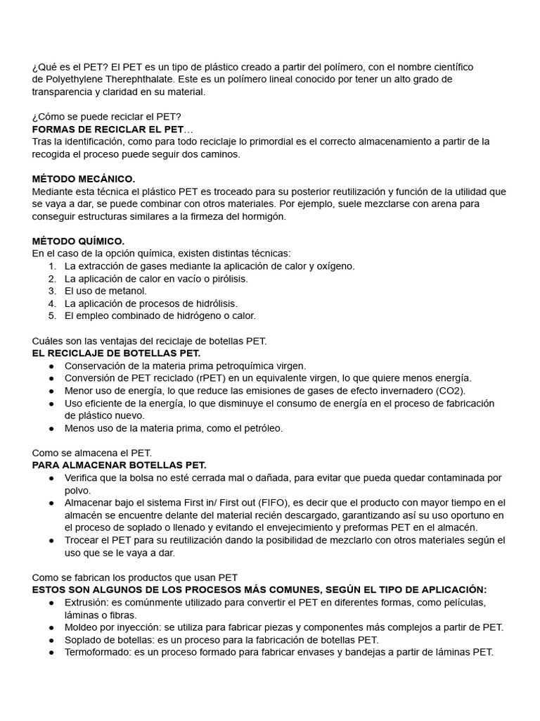 Reciclaje y fabricación de botellas PET | PDF | Reciclaje | El plastico