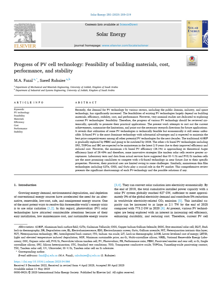 Advances in PV Cell Technology Feasibility | PDF | Photovoltaics | Thin ...