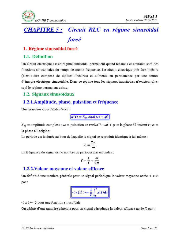 Electrocinetique-Chapitre 5-Circuit RLC en Regime Sinusoidal Forcé ...