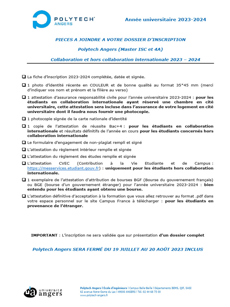 Inscription 2023-2024 à Polytech Angers | PDF | Technologie et ingénierie