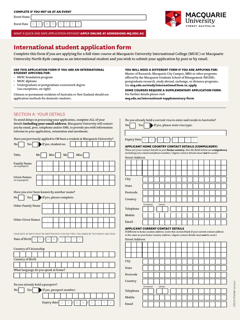 Macquaire University Application Form | PDF | Cost Of Living | Academic ...
