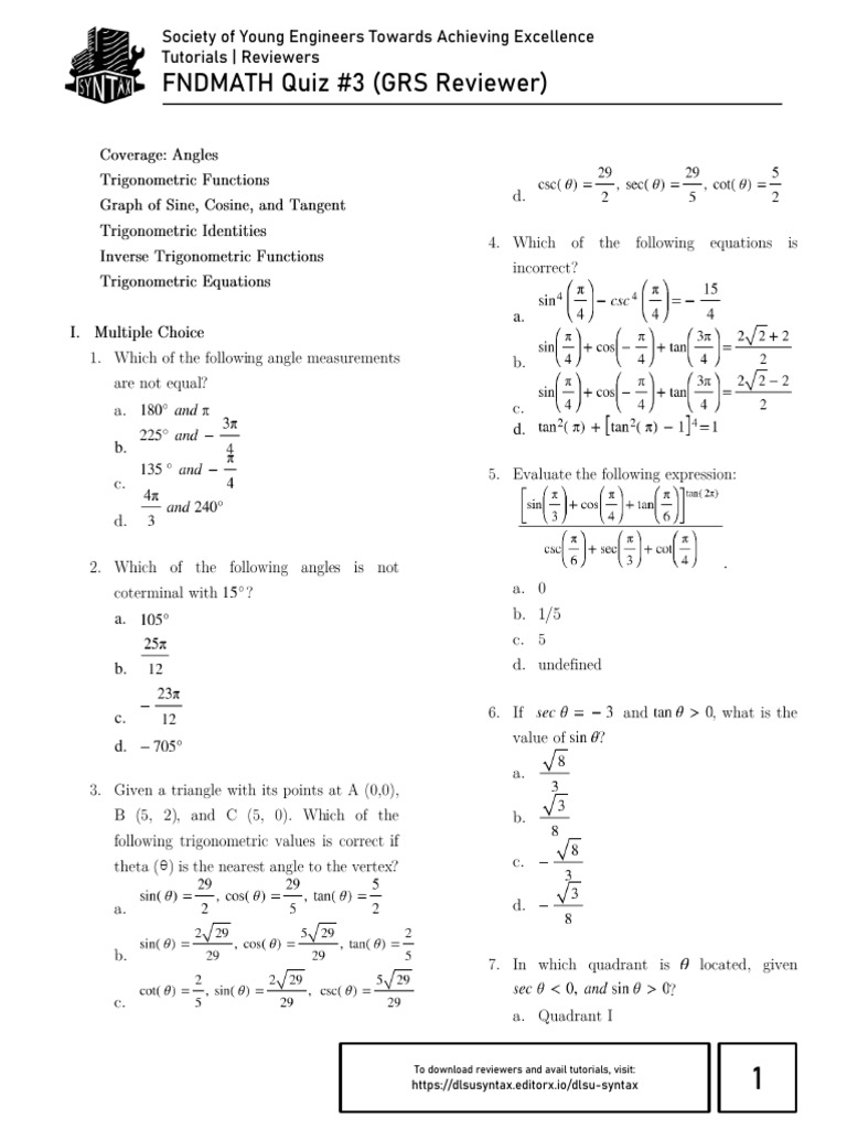 FNDMATH Quiz #3 Review Guide | PDF | Trigonometric Functions | Geometry