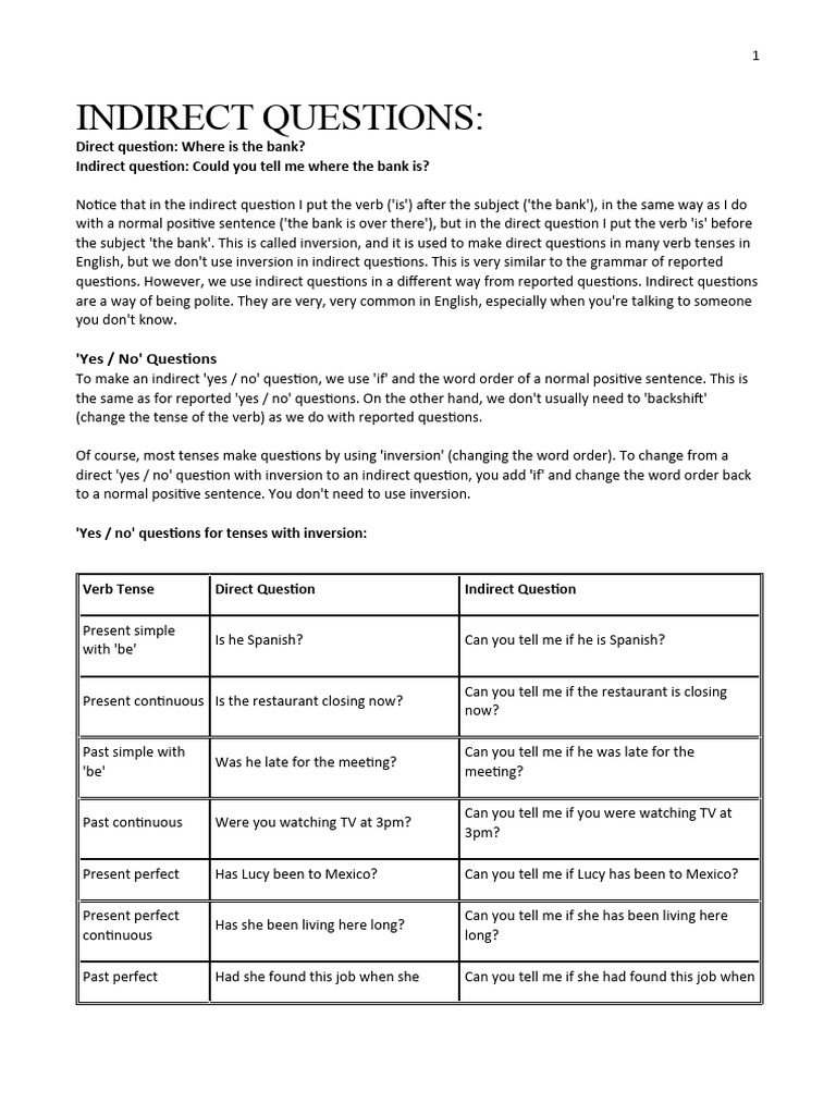 Indirect Questions and Exercises Guide | PDF