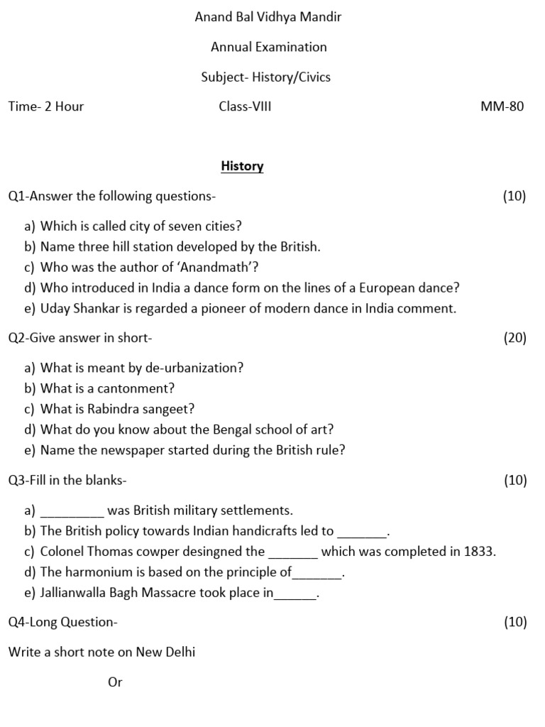 Class 8 History Civics Annual Examination PDF