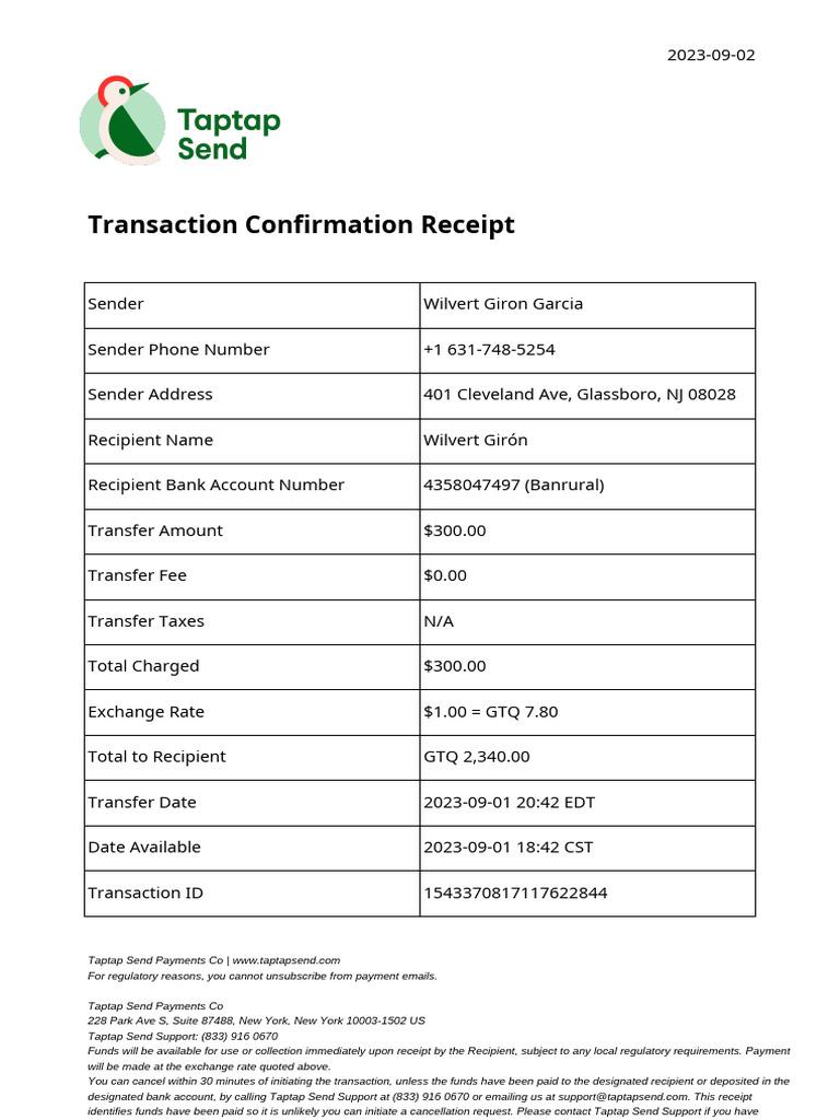 Taptap Send Transaction Receipt | PDF | Banks | Receipt