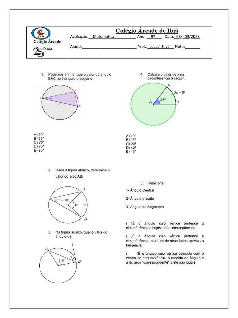 Exercícios de Ângulos e Circunferência 9º Ano | PDF | Círculo | Curva