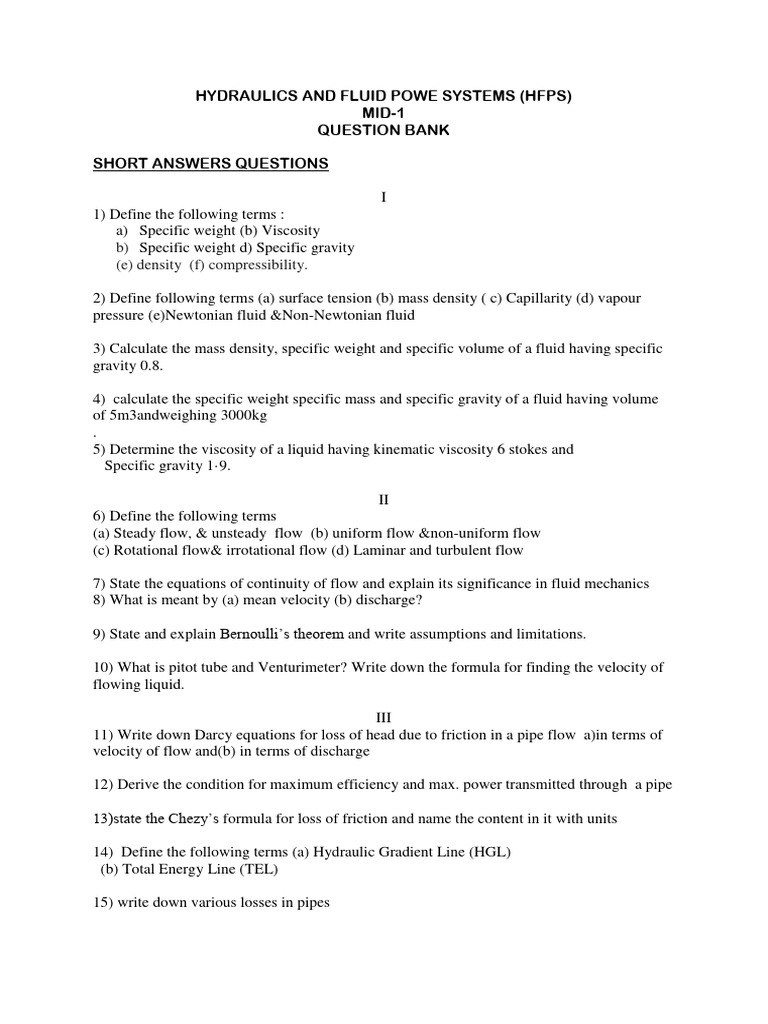 Fluid Mechanics Question Bank | PDF