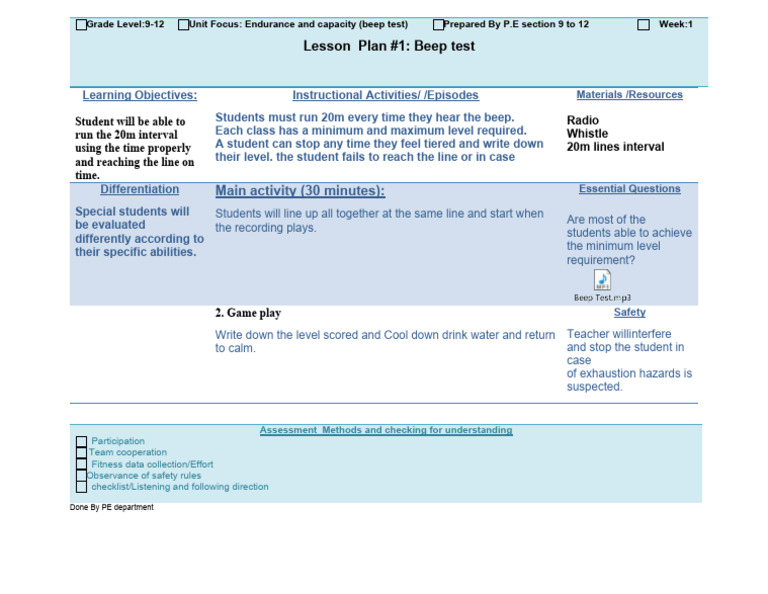 Beep Test Lesson Plan for PE | PDF | Cognitive Science | Cognition