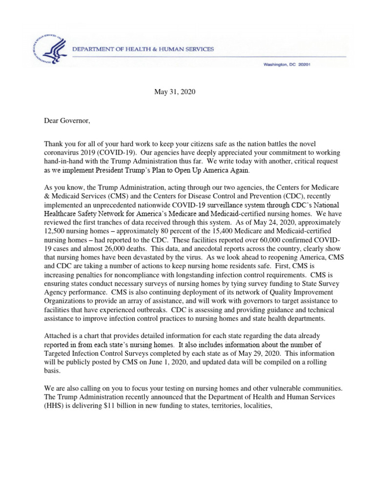 6.1.20 CDC CMS Letter To Governors On NH PDF Centers For Disease
