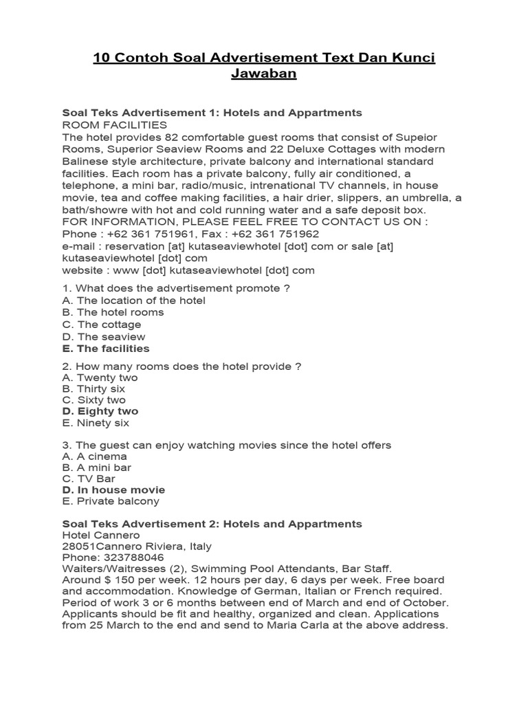 10 Contoh Soal Advertisement Text Dan Kunci Jawaban | PDF | Hotel