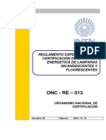 ONC-RE-013 Reglamento Especifico para Certificacion de Eficiencia Energetica de Lamparas Incandescentes y Fluorescentes. Rev. 03