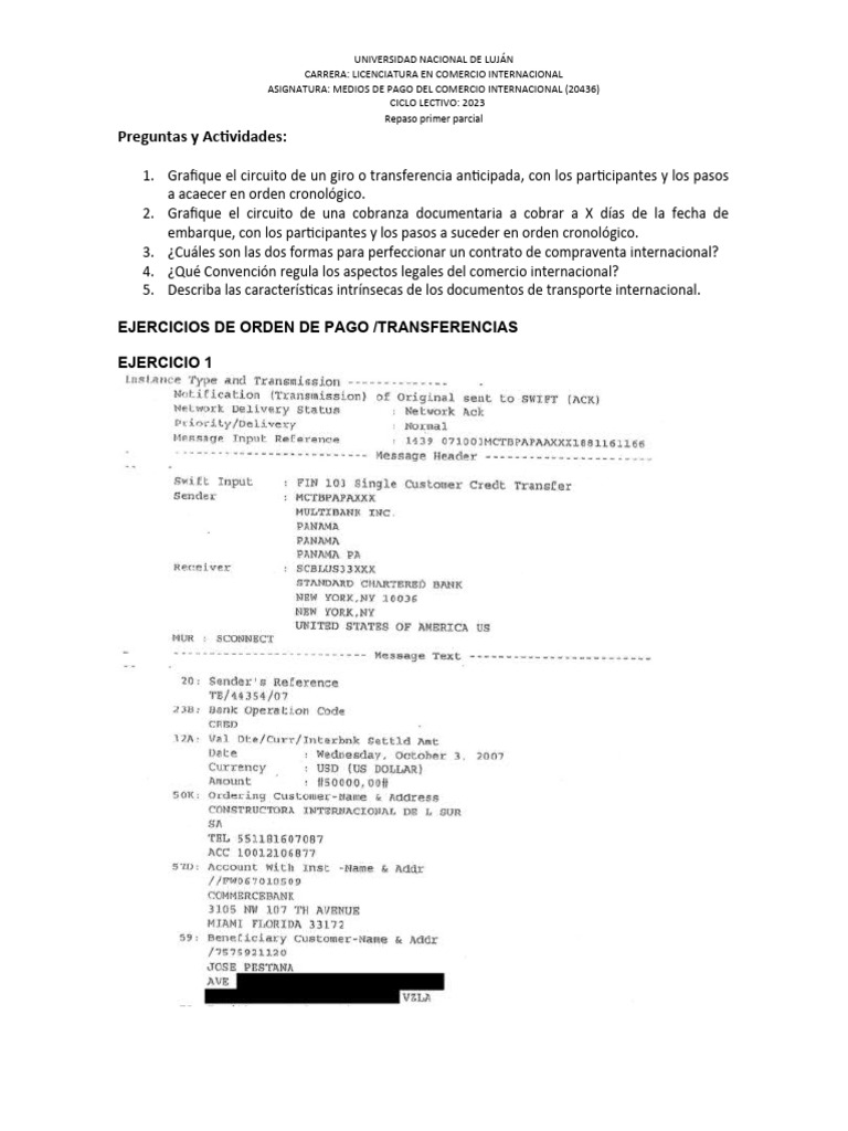 EJERCICIOS de Orden de Pago y de COBRANZADOCUMENTARIA | PDF