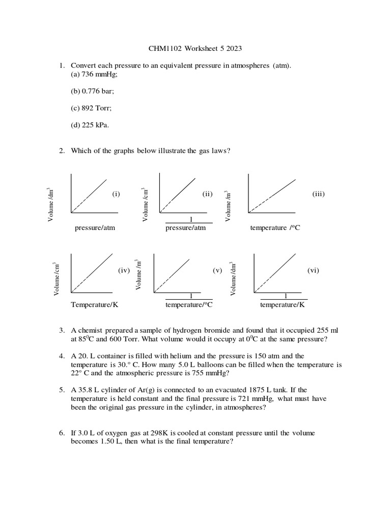 CHM 1102 Worksheet 5 2023 | PDF | Gases | Pressure