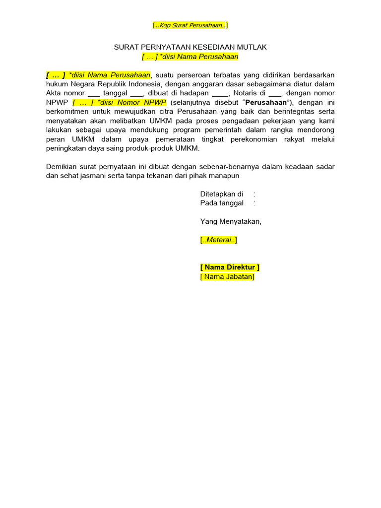 Contoh Draft Surat Pernyataan Melibatkan UMKM | PDF | Bisnis ...
