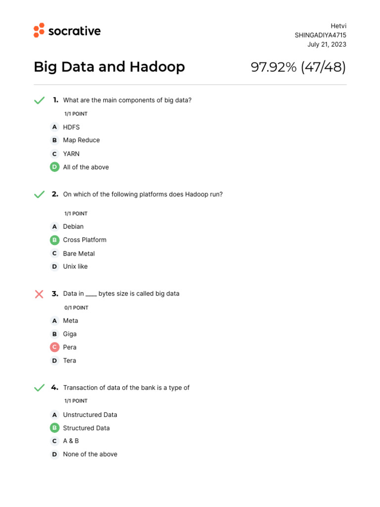Quiz 1 PDF Apache Hadoop Big Data