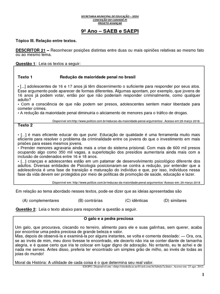 9° Ano - Port. - Imprimir - Saeb 2022 | PDF