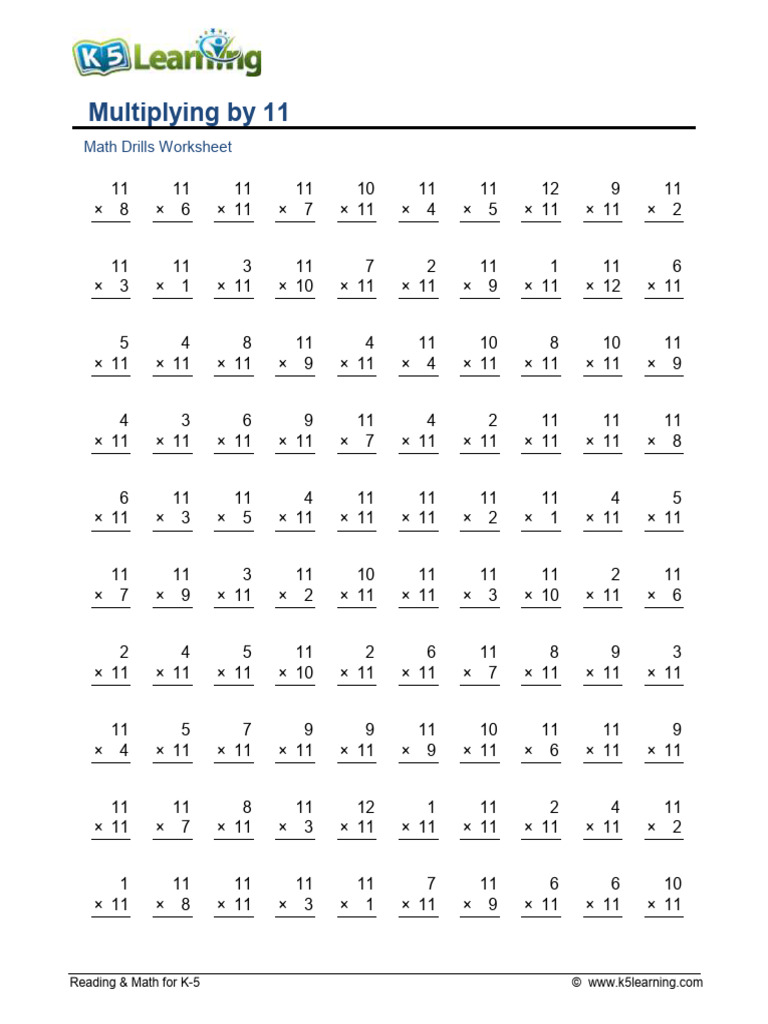 K-5 Multiplication by 11 Worksheets | PDF