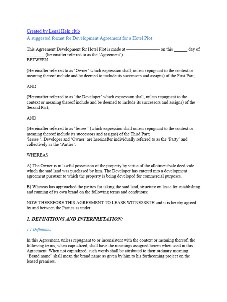 Hotel Development Agreement Template | PDF | Lease | Indemnity
