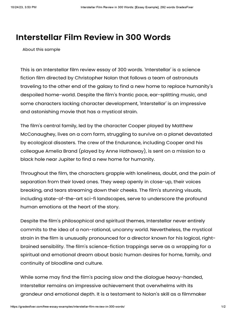 Interstellar Film Review in 300 Words - (Essay Example), 292 Words