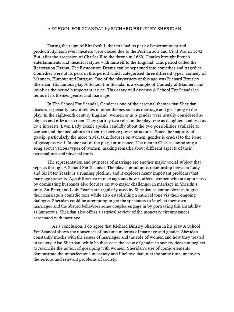 A SCHOOL FOR SCANDAL by RICHARD BRINSLEY SHERIDAN | PDF | Comedy