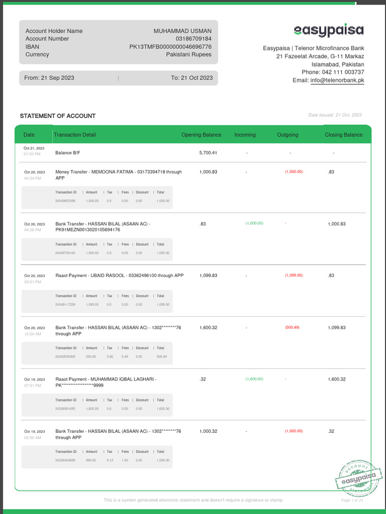 Statement PDF Wire Transfer Fee