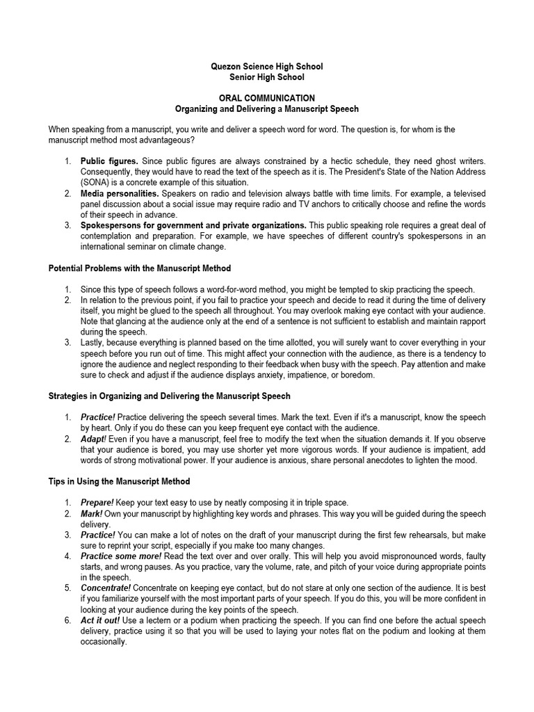 Organizing Manuscript Speeches Guide | PDF | Speech | Nonverbal ...