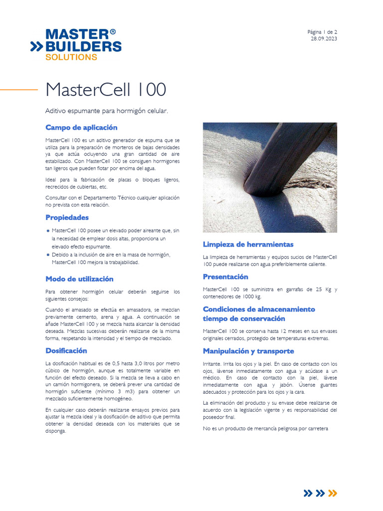 Aditivo Espumante MasterCell 100 | PDF | Hormigón | Agua