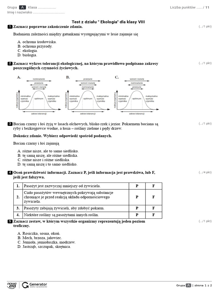 Ekologia Klasa 8 Sprawdzian BIOLOGIA - Test - Ekologia - KL - 8 - Grupa - A (4) - 230424 - 011421 | PDF