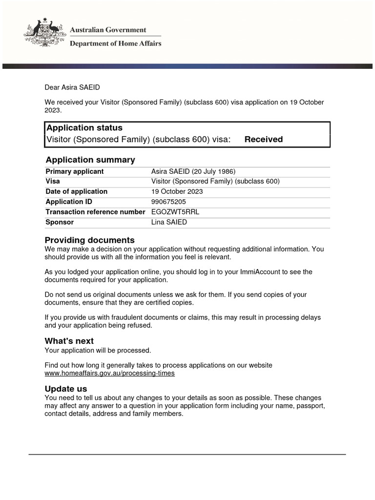 Immi acknowledgement of application received pdf