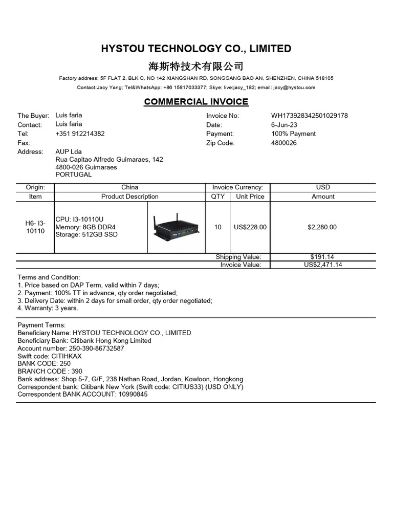 Hystou Technology Co., Limited: Commercial Invoice | PDF