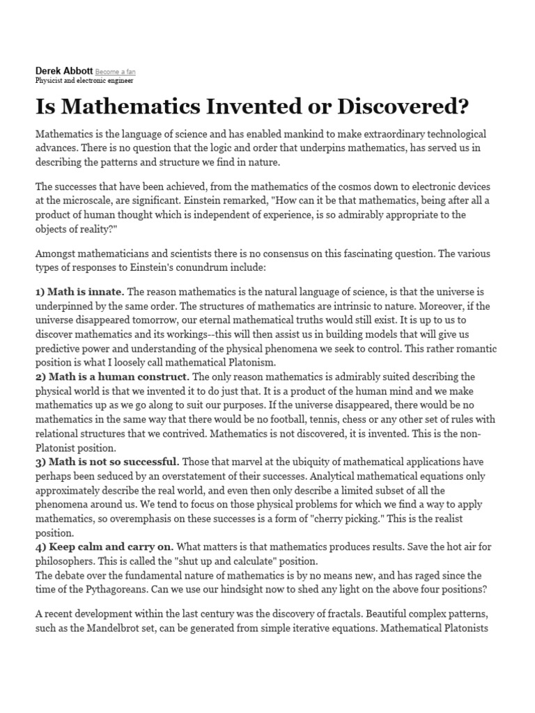 Articles Math Invented or Discovered PDF Mathematics
