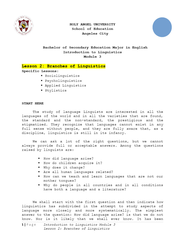 Module 3 Lesson 2 Branches Of Linguistics Pdf Linguistics