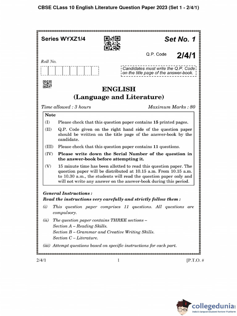 CBSE CLass 10 English Literature Question Paper 2023 Set 1 2 4-1 | PDF
