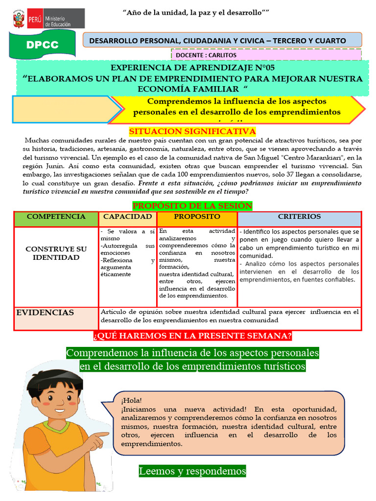 Sesión de Aprendizaje No. Unidad 5 DPCC de Cuarto Grado | PDF