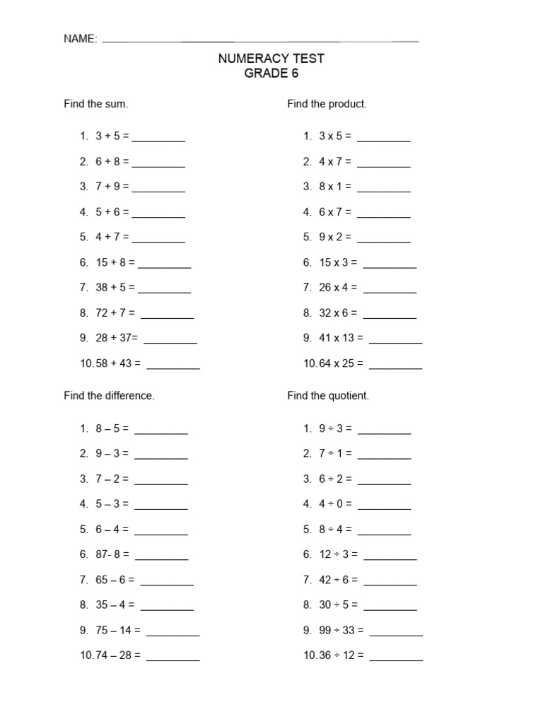 Numeracy Test Grade 6 | PDF