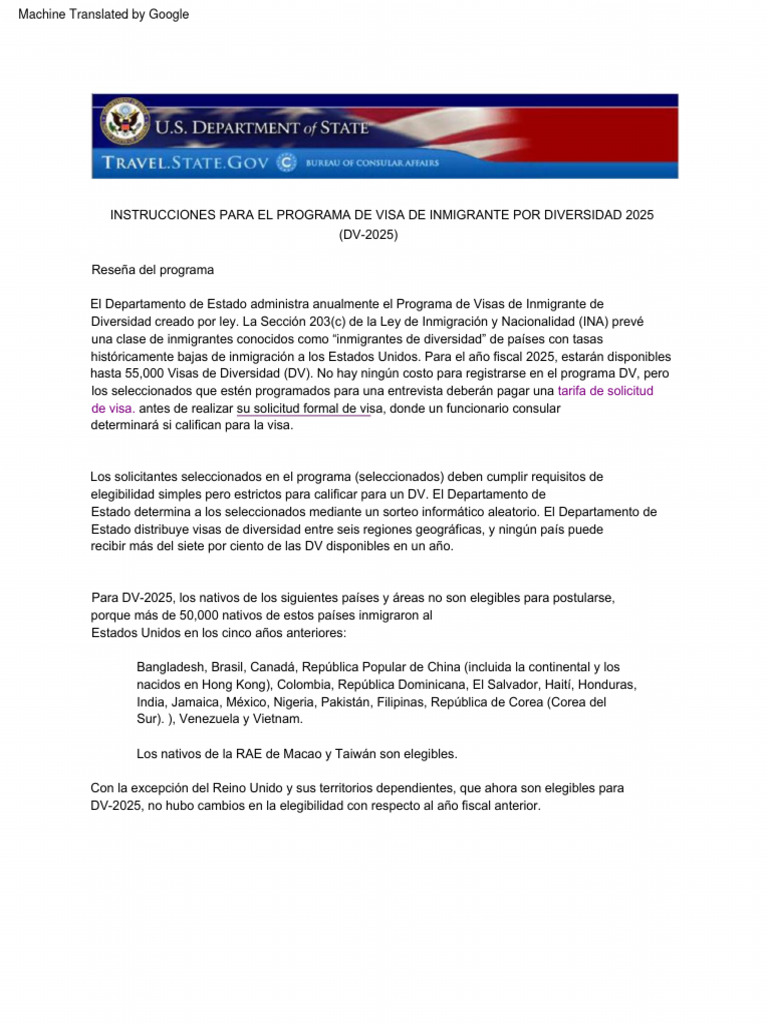 DV 2025 Instructions Faqs PDF Visa de viaje Los Estados Unidos