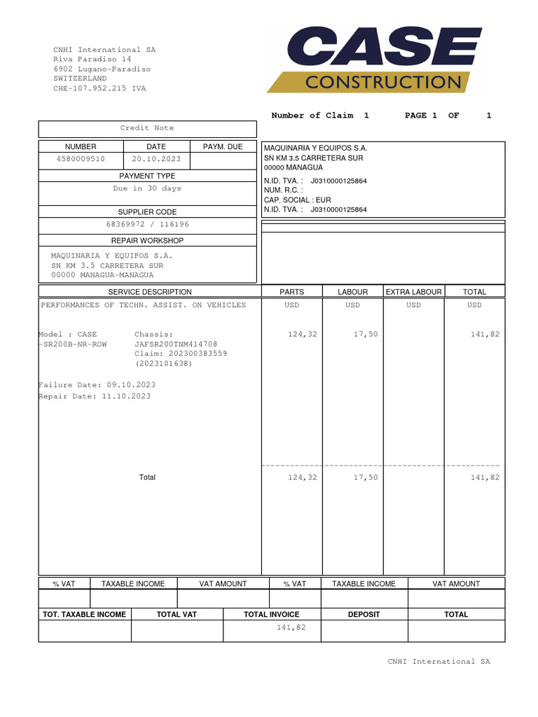 Page 1 of 1 Number of Claim 1 Tot. Taxable Total Vat Total