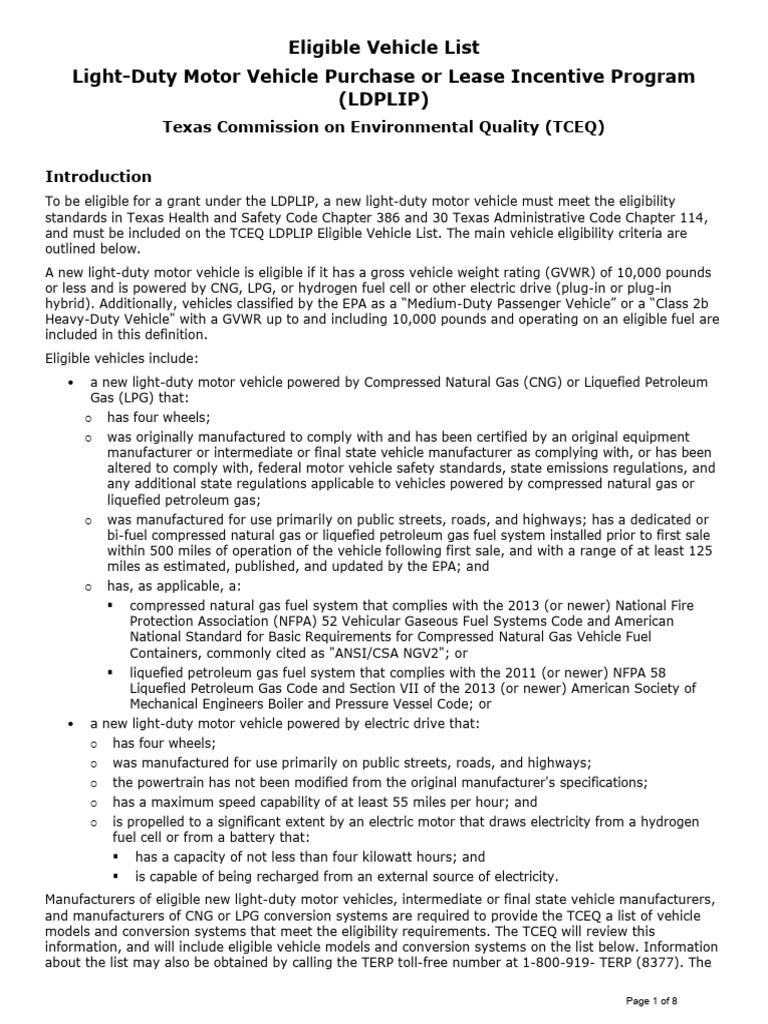 Texas List of Eligible Electric Vehicles For The TERP Grant PDF