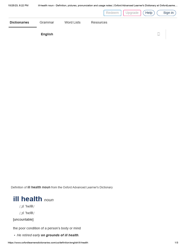 IllHealth Noun Definition, Pictures, Pronunciation and Usage Notes
