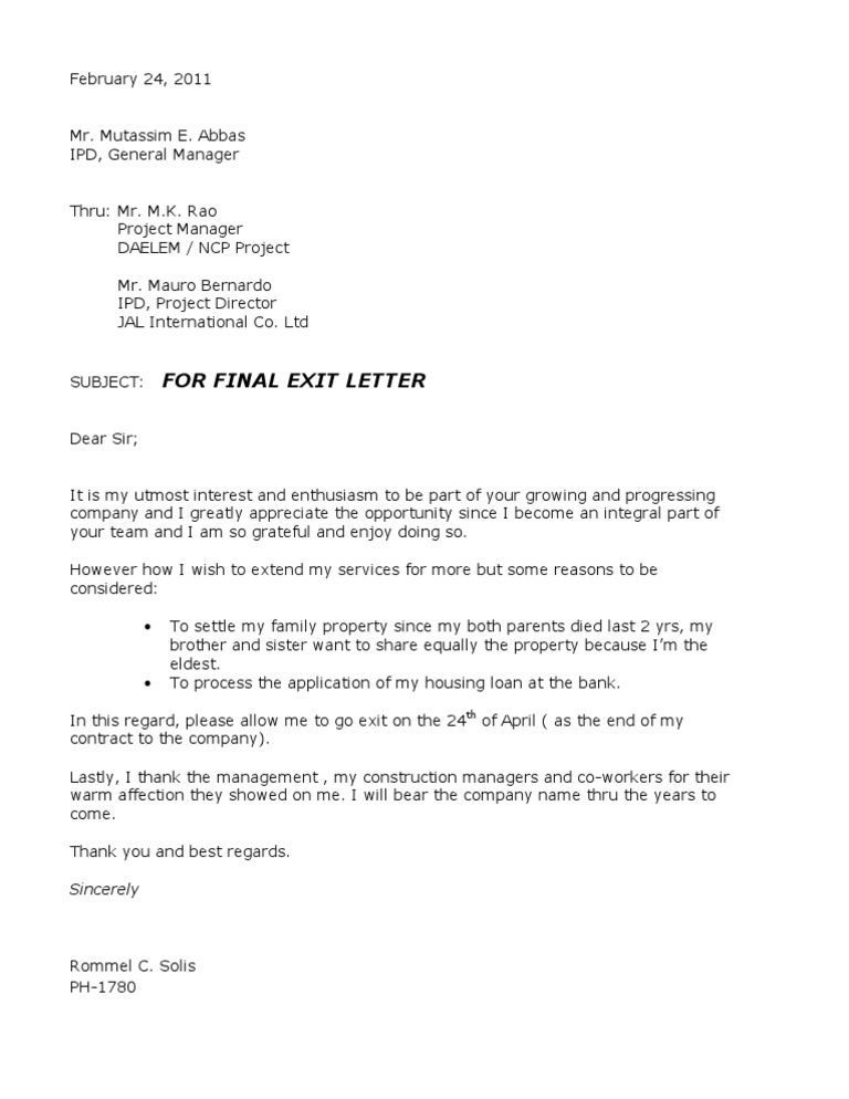 Final Exit Letter Request from Employee | PDF