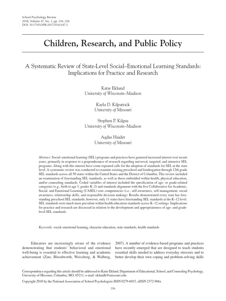 Eklund et al 2018 a systematic review of state level social emotional