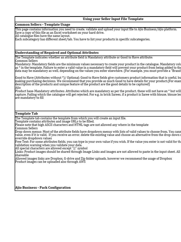 Using Your Seller Input File Template Common Sellers - Template Usage | PDF