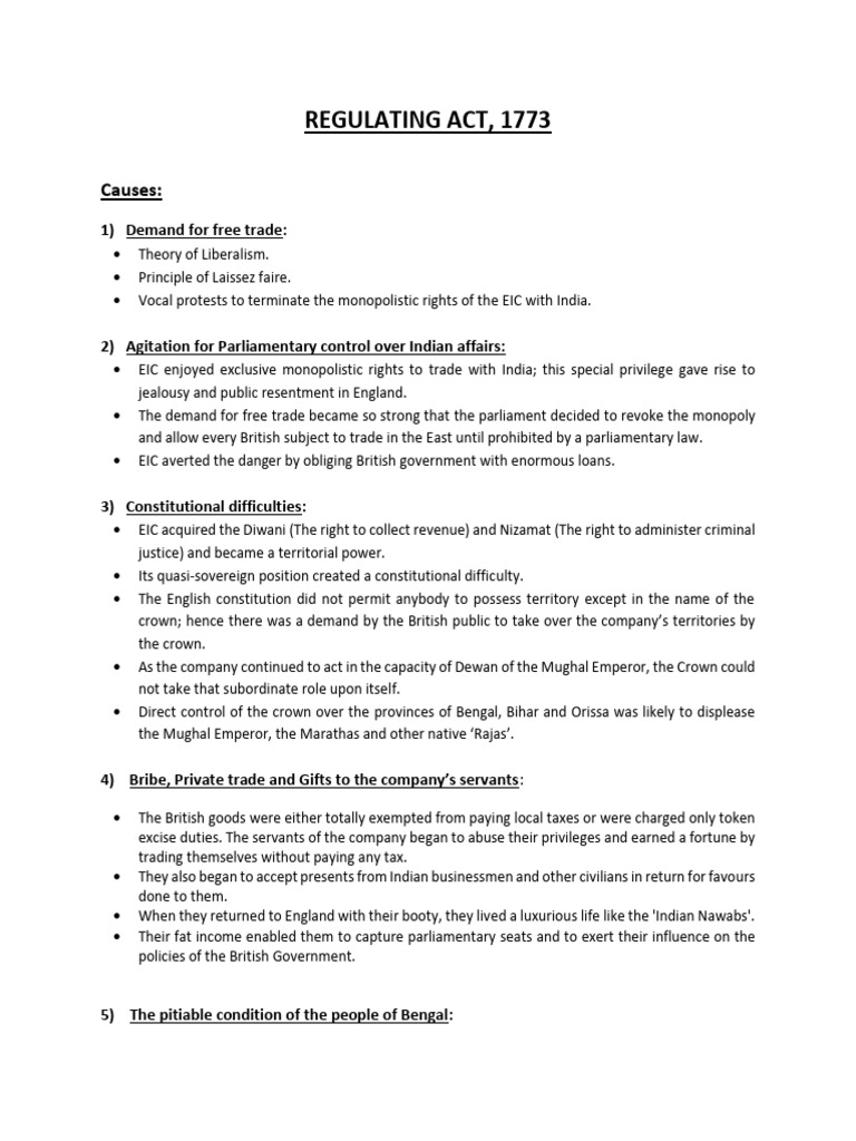 Regulating Act, 1773 PDF East India Company British Raj