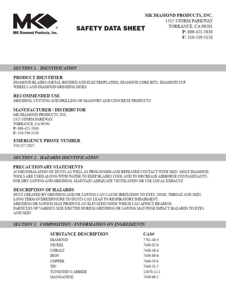 Diamond Blade Grinding Wheels SDS PDF Personal Protective