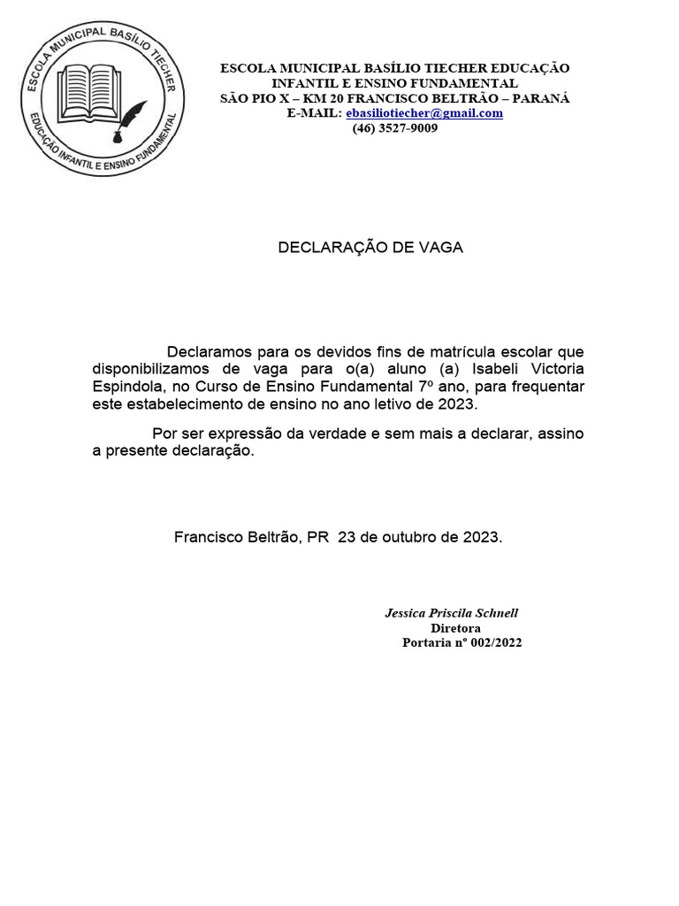 Declaração de Vaga | PDF