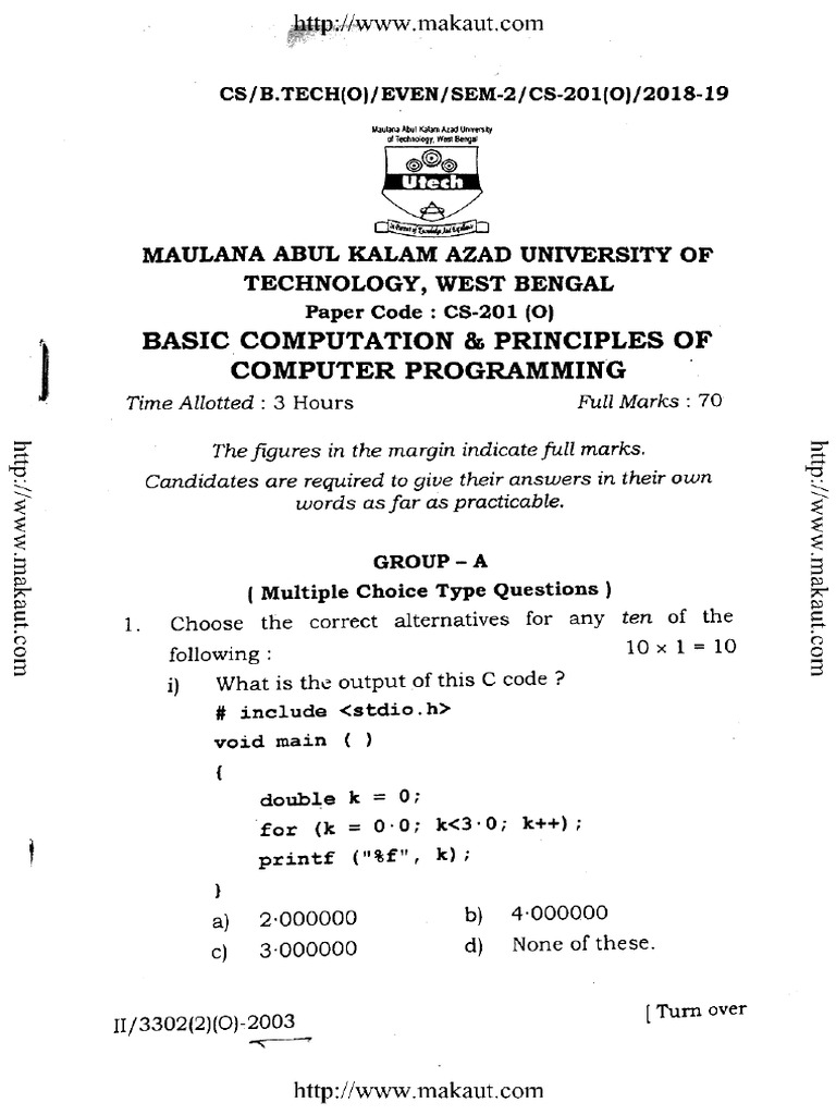 Btech Cs 201 Basic Computation and Principles of Computer Programming ...